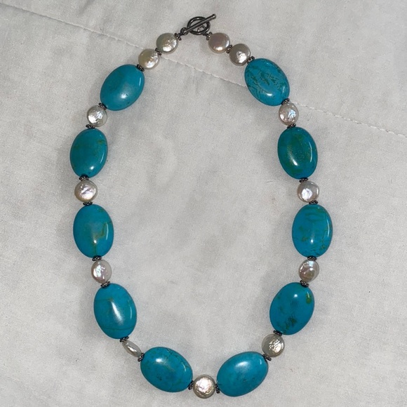 Blue stone necklace with fresh water pearls - Picture 1 of 6
